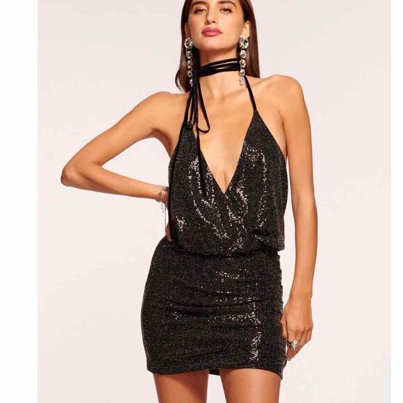 Ramy Brook Avianna Ruched Mini Night Out Party Dress Size 8 Black Sparkle - Picture 1 of 15